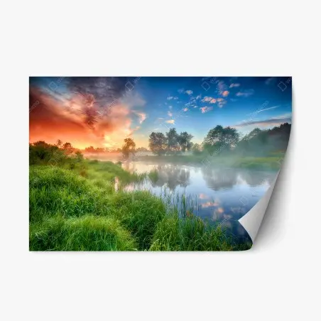 Adesivo riposizionabile alba estiva sul fiume nebbioso • Wallissimo®
