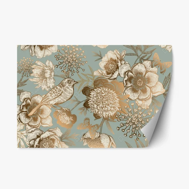 Adesivo riposizionabile motivo botanico vintage con uccelli e farfalle