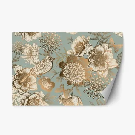 Adesivo riposizionabile motivo botanico vintage con uccelli e farfalle • Wallissimo®
