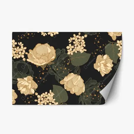 Adesivo riposizionabile elegante motivo floreale dorato su sfondo nero • Wallissimo®