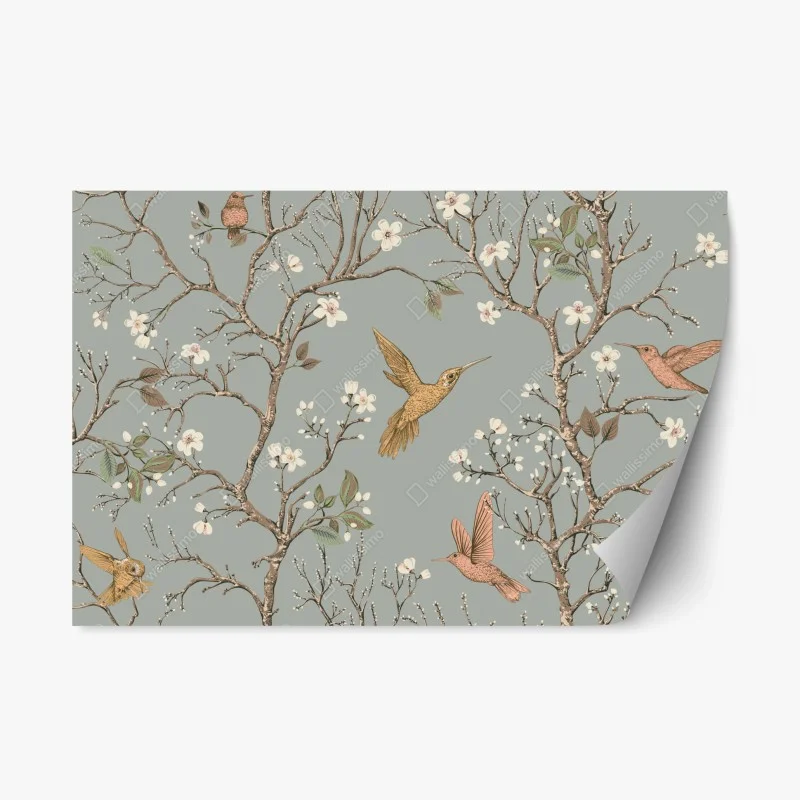 Adesivo riposizionabile rami fioriti e colibrì su sfondo grigio