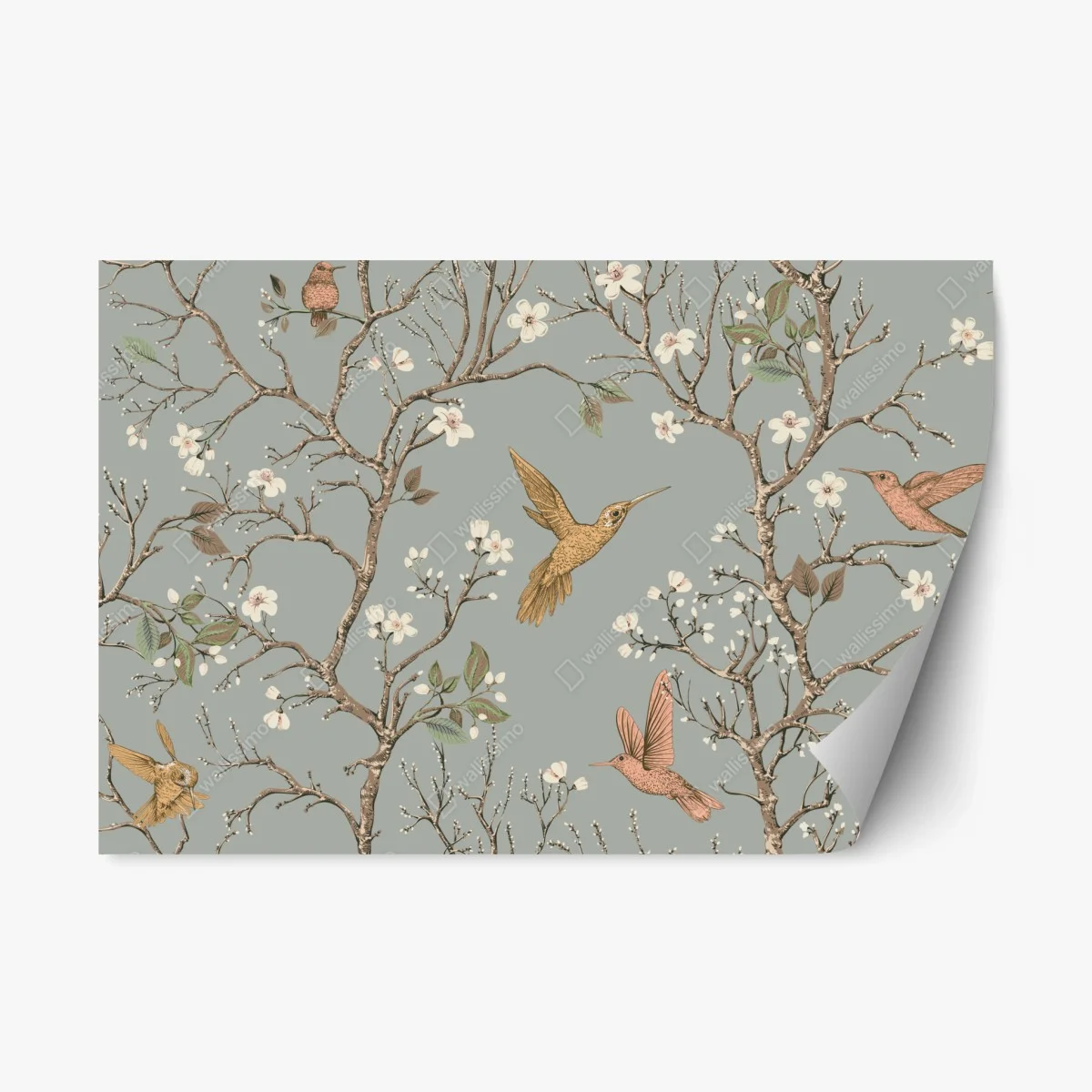 Adesivo riposizionabile rami fioriti e colibrì su sfondo grigio • Wallissimo® Adesivo riposizionabile rami fioriti e colibrì su sfondo grigio • Wallissimo®