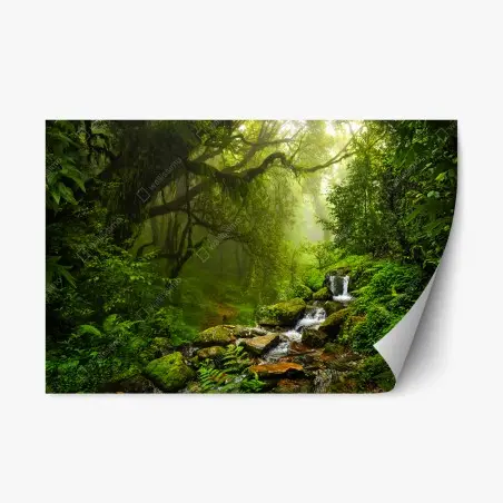 Adesivo riposizionabile paesaggio verde: ruscello nella foresta incantata • Wallissimo®