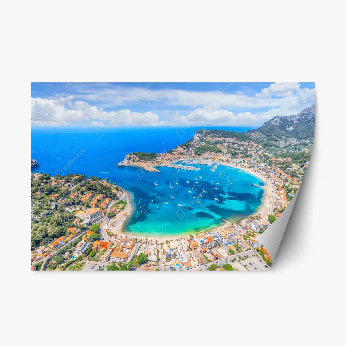 Adesivo riposizionabile panorama aereo della baia di Port de Sóller, Maiorca • Wallissimo®