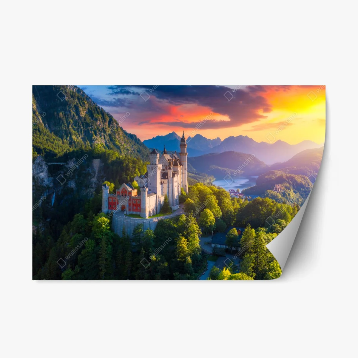 Adesivo riposizionabile Neuschwanstein al tramonto: castello fiabesco tra le montagne • Wallissimo® Adesivo riposizionabile Neuschwanstein al tramonto: castello fiabesco tra le montagne • Wallissimo®