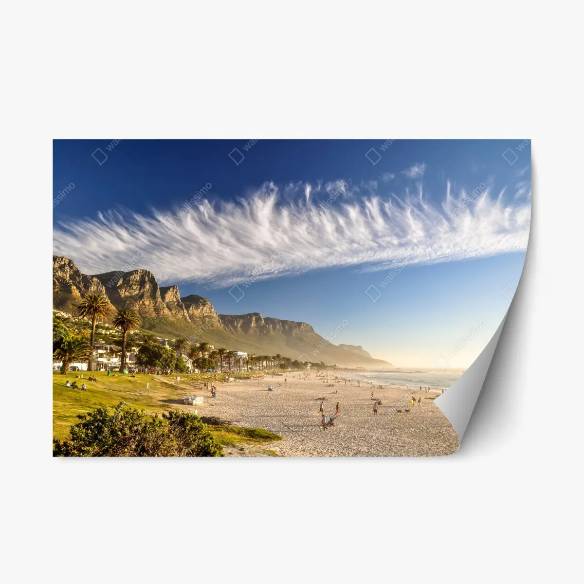 Adesivo riposizionabile spiaggia dorata con montagne e palme • Wallissimo®