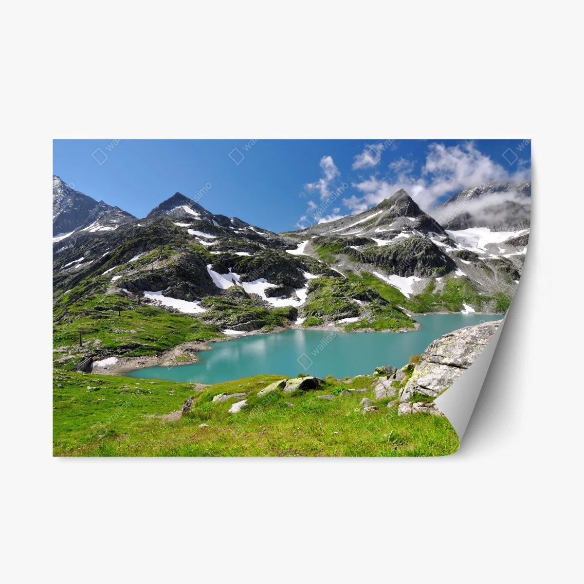 Adesivo riposizionabile lago alpino turchese tra le montagne • Wallissimo® Adesivo riposizionabile lago alpino turchese tra le montagne • Wallissimo®