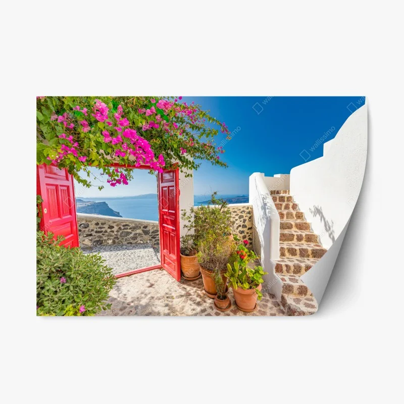 Adesivo riposizionabile cortile fiorito con vista Santorini