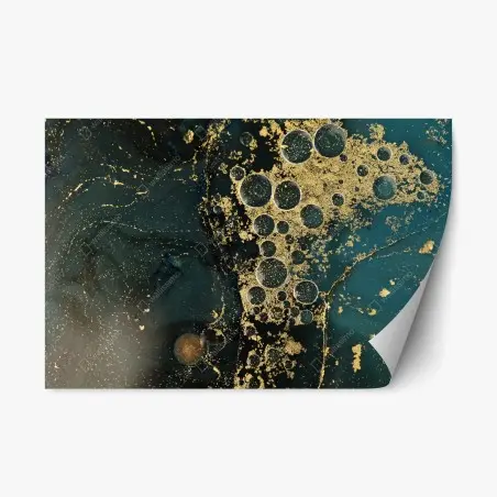 Adesivo riposizionabile oro liquido su blu petrolio, texture astratta • Wallissimo®