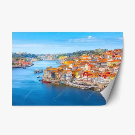 Adesivo riposizionabile panorama colorato di Porto sul fiume • Wallissimo®