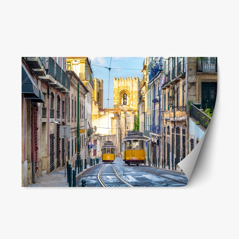 Adesivo riposizionabile tram gialli di Lisbona, scorcio urbano