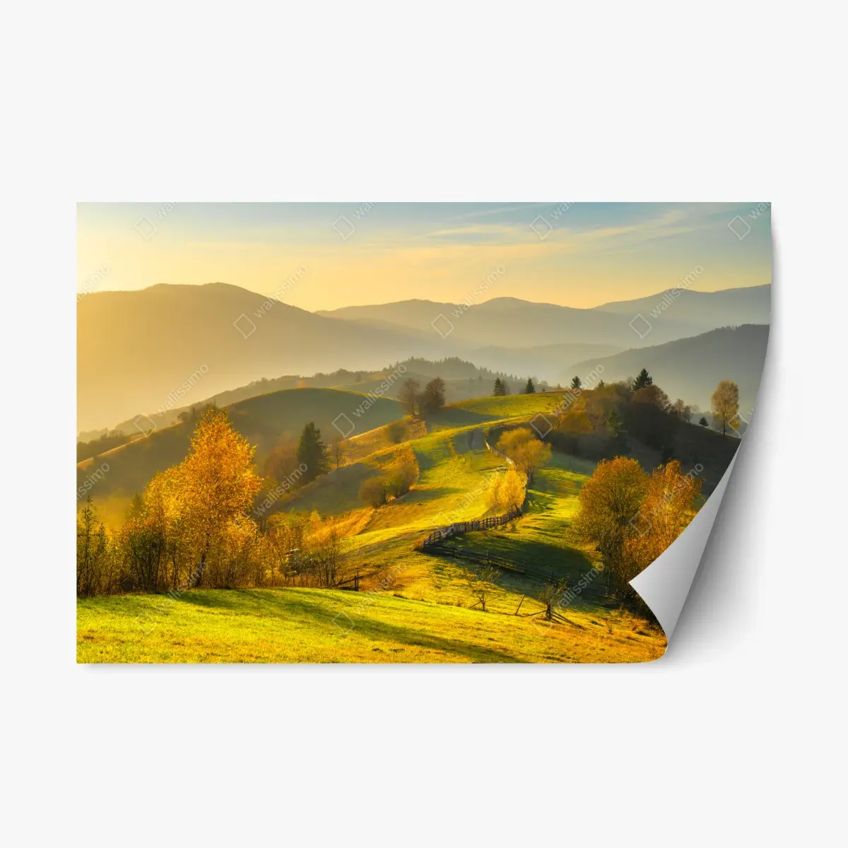 Adesivo riposizionabile paesaggio autunnale sulle colline al tramonto • Wallissimo®