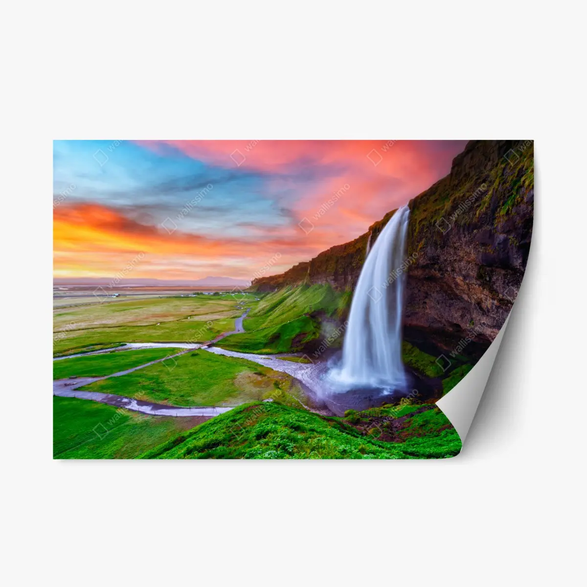 Adesivo riposizionabile cascata al tramonto a Seljalandsfoss • Wallissimo®