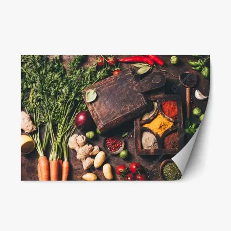 Adesivo riposizionabile composizione rustica di spezie e verdure fresche • Wallissimo®