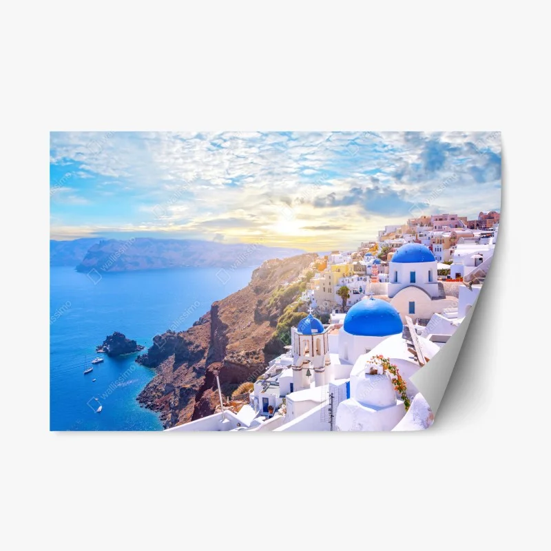 Adesivo riposizionabile scorcio di Oia, Santorini con cupole blu • Wallissimo®