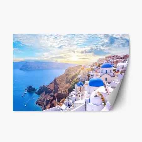 Adesivo riposizionabile scorcio di Oia, Santorini con cupole blu • Wallissimo®
