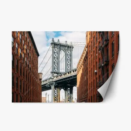 Adesivo riposizionabile vista del ponte di Manhattan tra edifici in mattoni • Wallissimo®