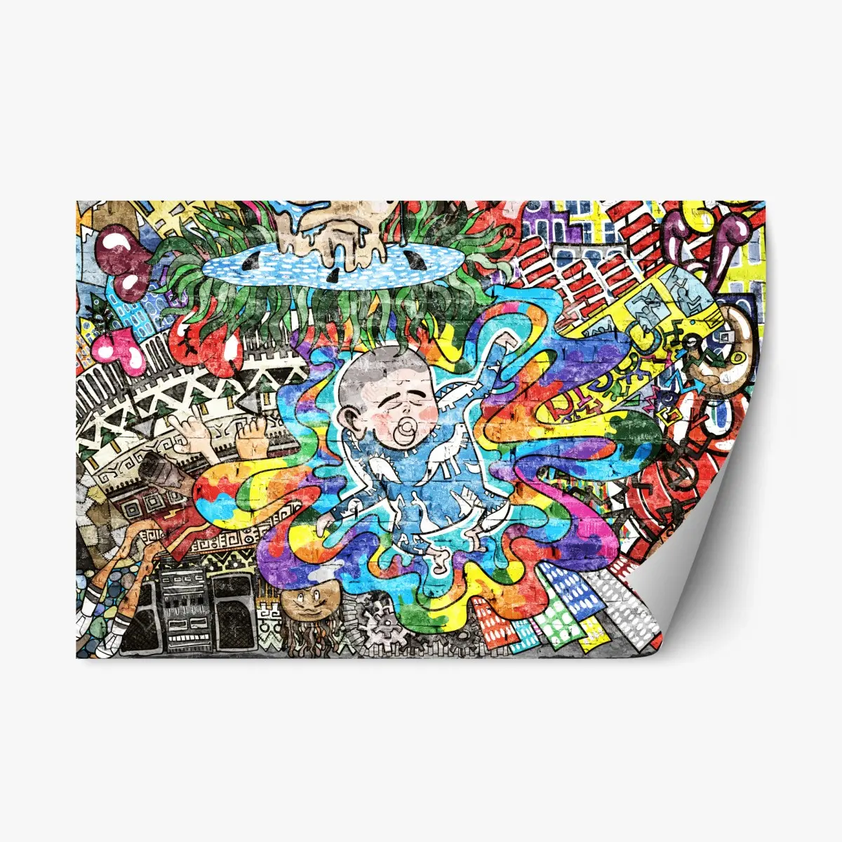Adesivo riposizionabile nascita psichedelica: bambino tra colori e città • Wallissimo® Adesivo riposizionabile nascita psichedelica: bambino tra colori e città • Wallissimo®