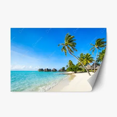 Adesivo riposizionabile paradiso tropicale con palme e bungalow • Wallissimo®