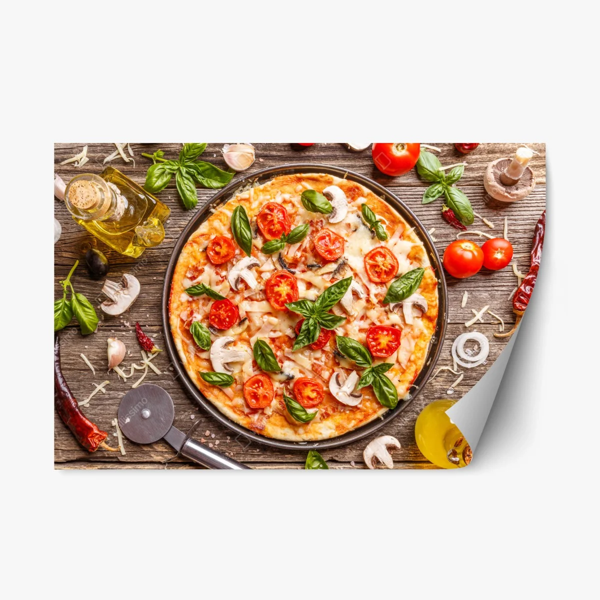 Adesivo riposizionabile pizza rustica con basilico e pomodori • Wallissimo® Adesivo riposizionabile pizza rustica con basilico e pomodori • Wallissimo®