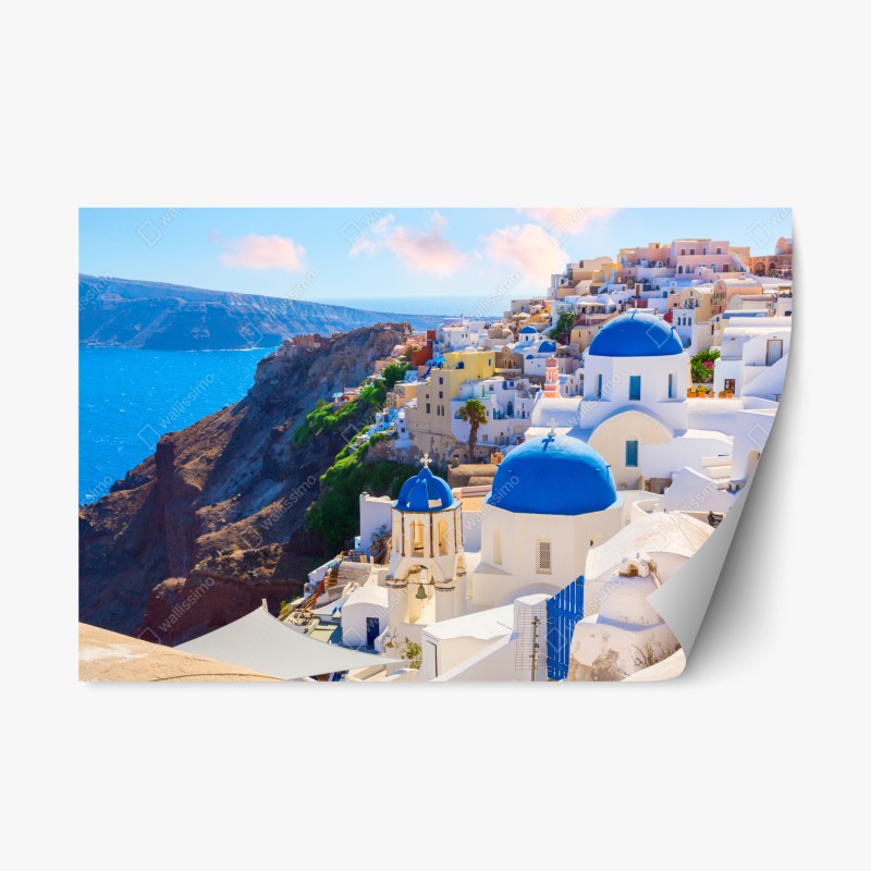 Adesivo riposizionabile panoramica di Santorini con cupole blu