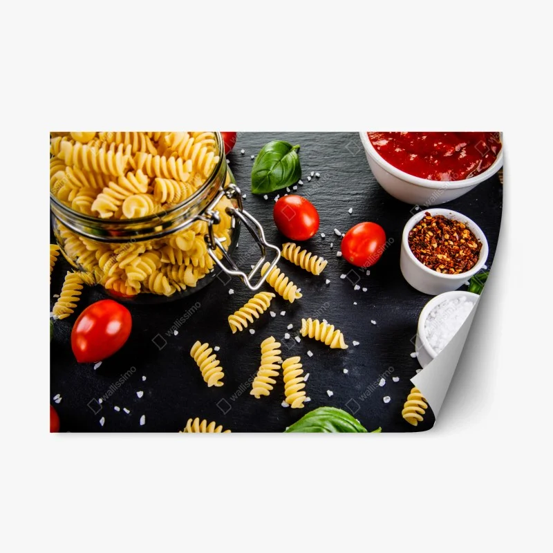 Adesivo riposizionabile composizione di fusilli e ingredienti mediterranei