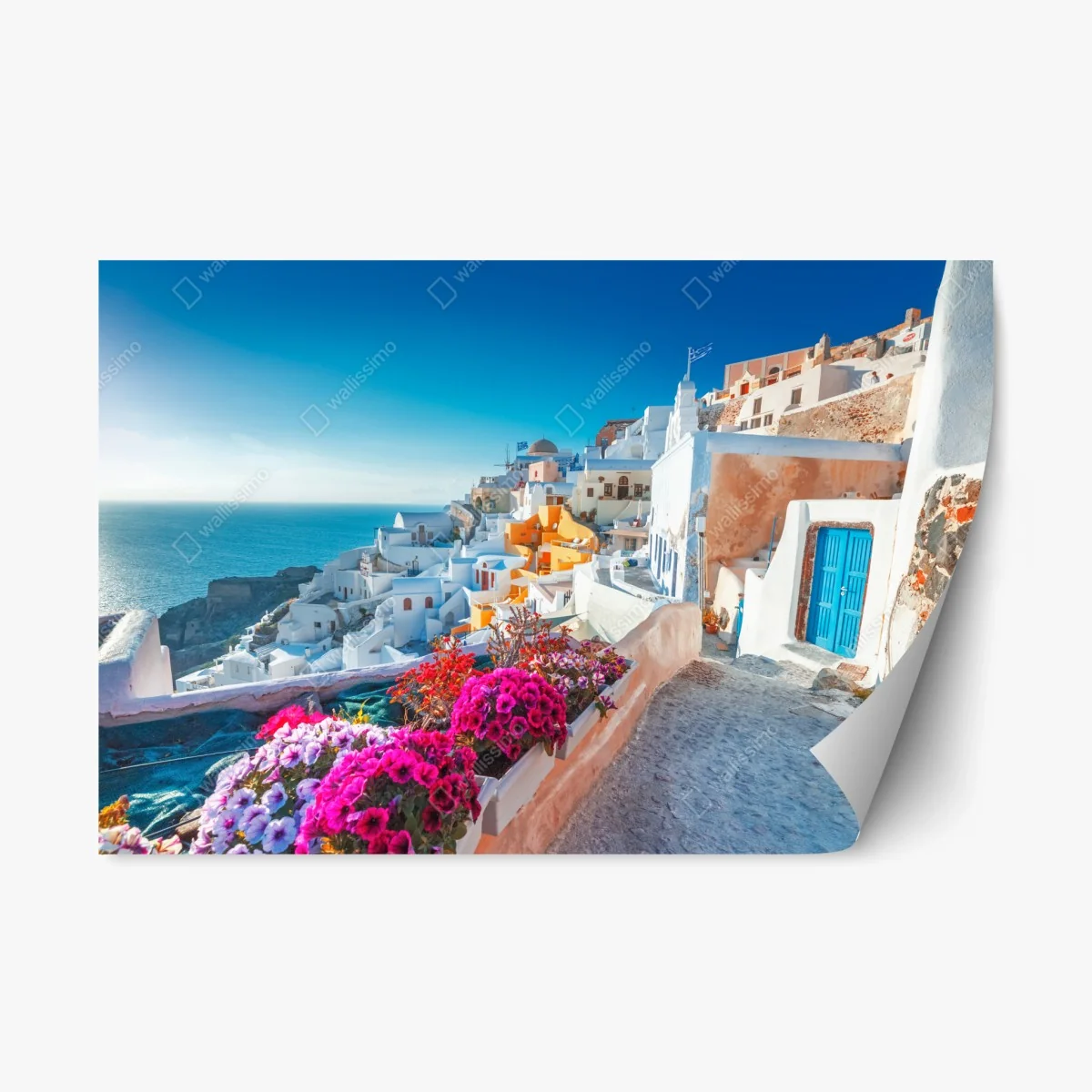 Adesivo riposizionabile panorama di Santorini sulle scogliere • Wallissimo® Adesivo riposizionabile panorama di Santorini sulle scogliere • Wallissimo®