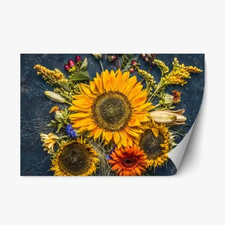 Adesivo riposizionabile girasoli autunnali su sfondo rustico • Wallissimo®