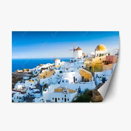 Adesivo riposizionabile panorama di Santorini con mulini a vento • Wallissimo®