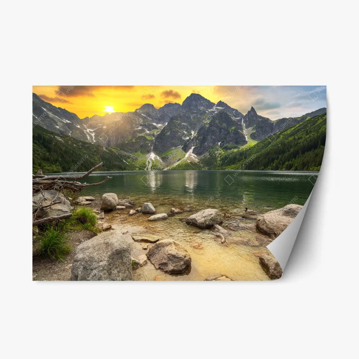 Adesivo riposizionabile Morskie Oko: panorama sereno delle Tatra al tramonto • Wallissimo®
