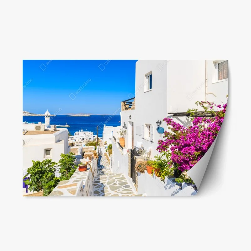 Adesivo riposizionabile scorcio fiorito a Mykonos sul mare