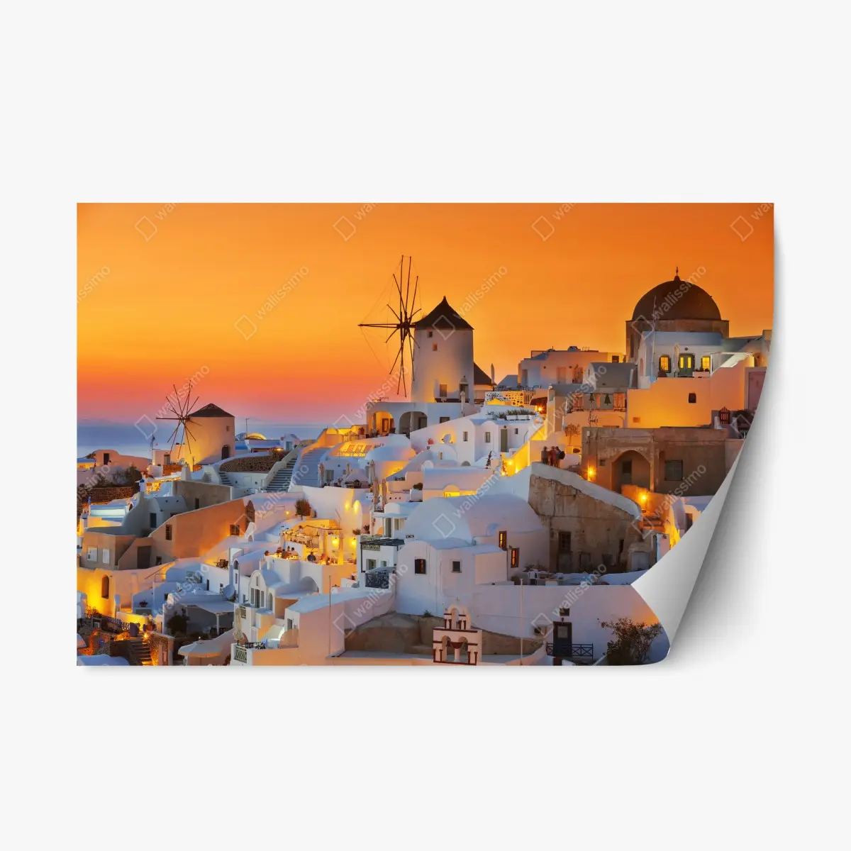 Adesivo riposizionabile tramonto dorato a Oia, Santorini • Wallissimo®