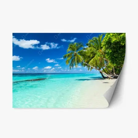 Adesivo riposizionabile paradiso tropicale: spiaggia di palme e mare turchese • Wallissimo®