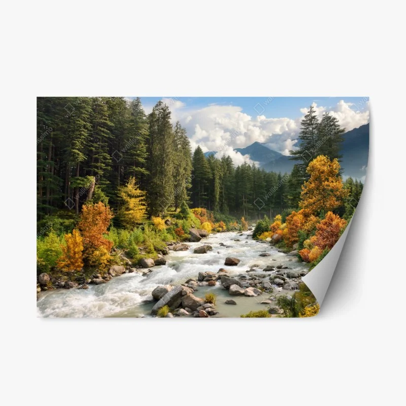 Adesivo riposizionabile paesaggio montano autunnale con fiume e foresta