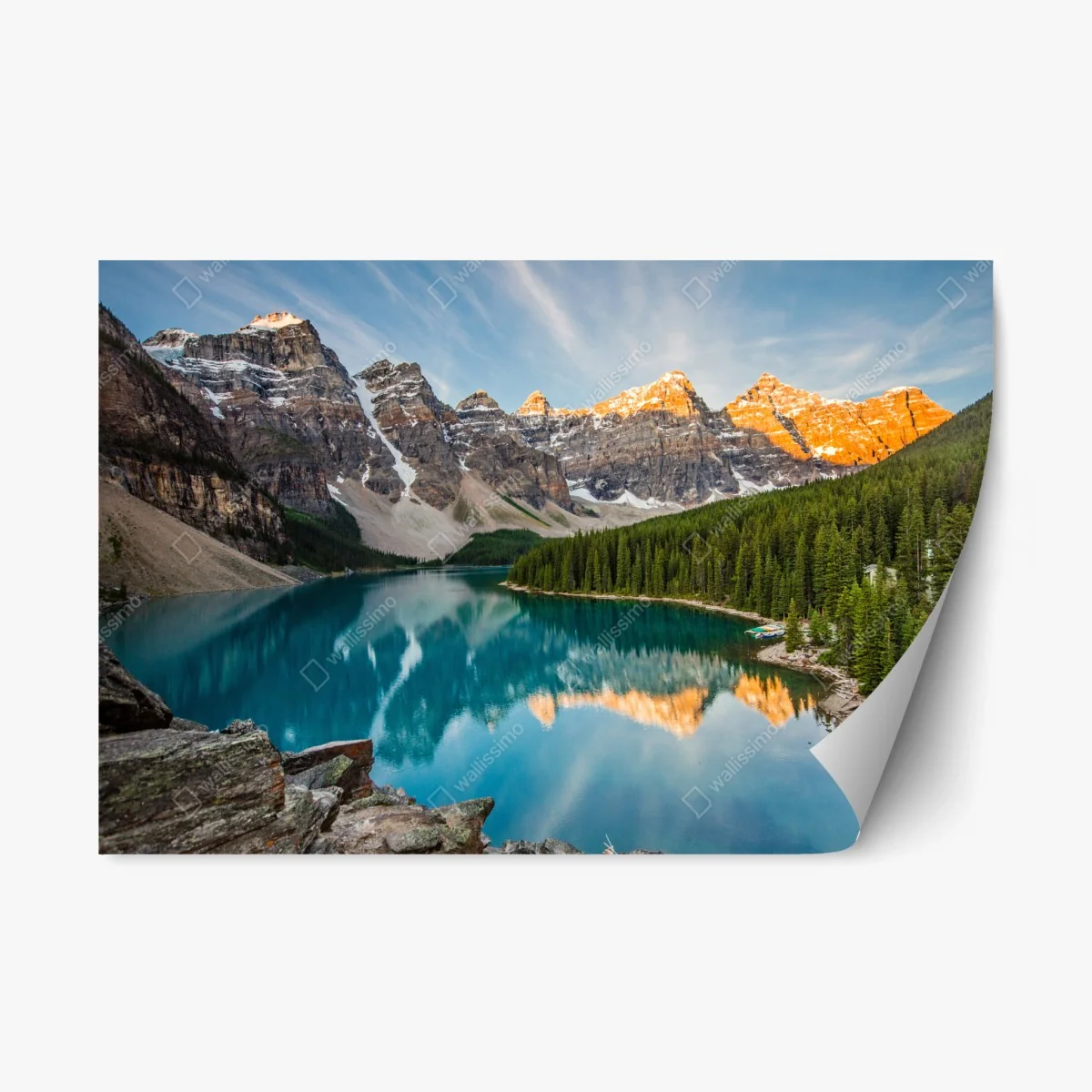 Adesivo riposizionabile alba sulle montagne: lago turchese e riflessi • Wallissimo® Adesivo riposizionabile alba sulle montagne: lago turchese e riflessi • Wallissimo®