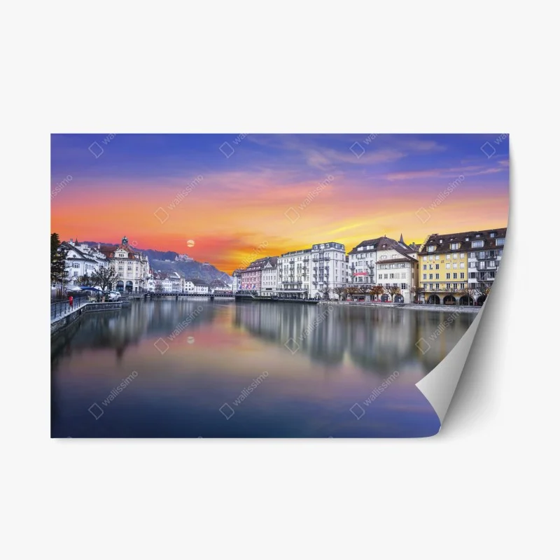 Adesivo riposizionabile tramonto sul fiume Reuss a Lucerna • Wallissimo®