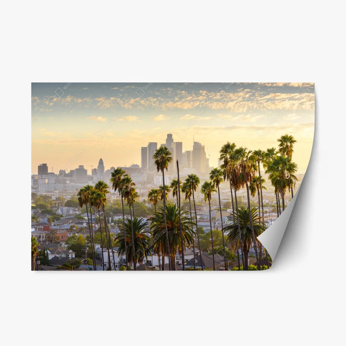 Adesivo riposizionabile tramonto su Los Angeles tra palme e grattacieli • Wallissimo®