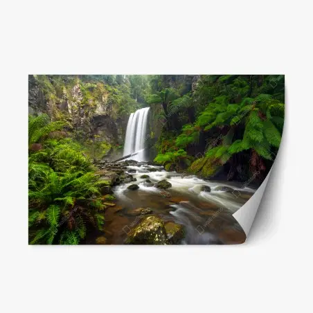 Adesivo riposizionabile cascata nascosta nella foresta verde • Wallissimo®