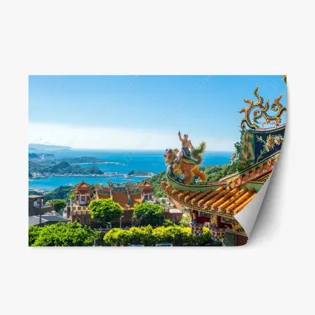 Adesivo riposizionabile vista panoramica del tempio di Jiufen sul mare • Wallissimo®