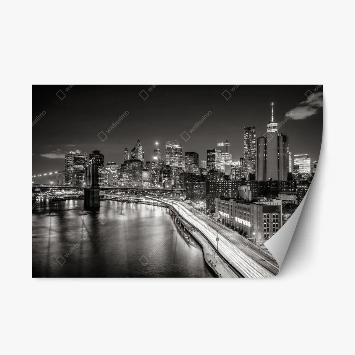 Adesivo riposizionabile skyline notturno di New York in bianco e nero • Wallissimo®