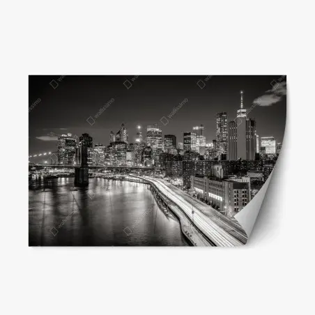 Adesivo riposizionabile skyline notturno di New York in bianco e nero • Wallissimo®