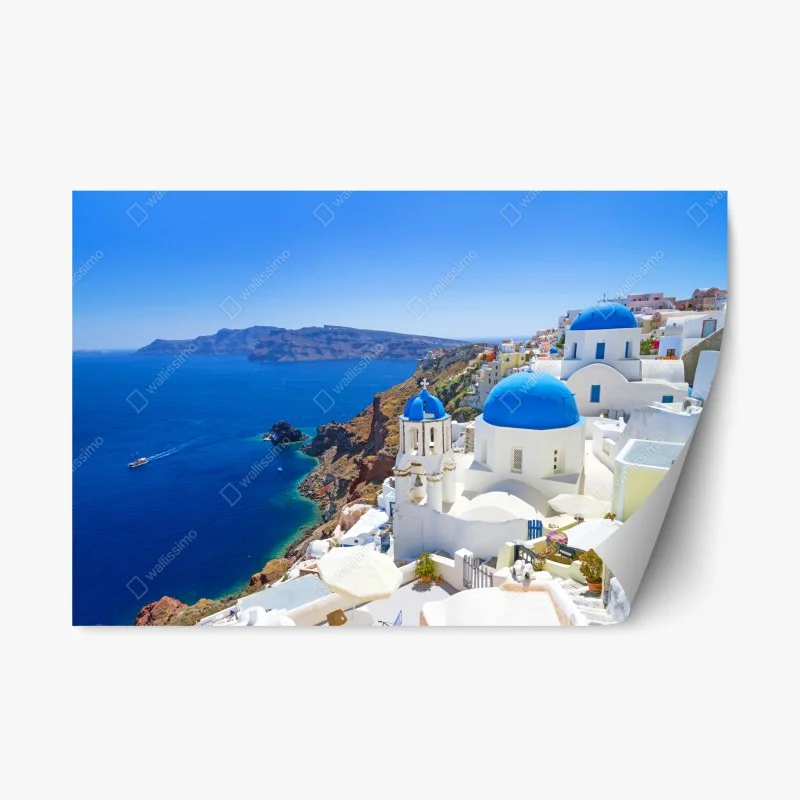 Adesivo riposizionabile panorama delle cupole blu a Santorini