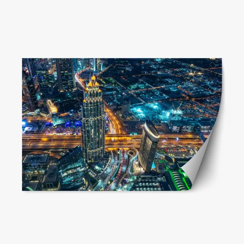 Adesivo riposizionabile veduta aerea notturna di Dubai dal Burj Khalifa