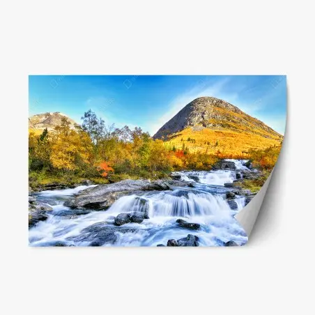 Adesivo riposizionabile paesaggio autunnale con cascata e montagna • Wallissimo®