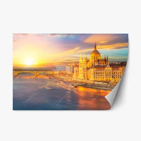 Adesivo riposizionabile tramonto dorato sul parlamento di Budapest • Wallissimo®