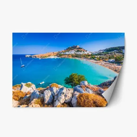Adesivo riposizionabile panorama di Lindos e baia turchese • Wallissimo®