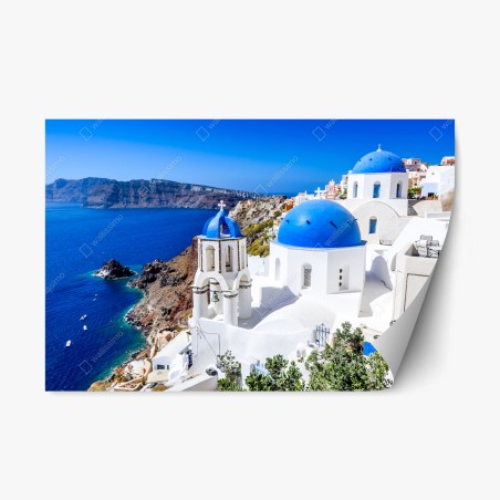 Adesivo riposizionabile panorama di Santorini con cupole blu e case bianche • Wallissimo®