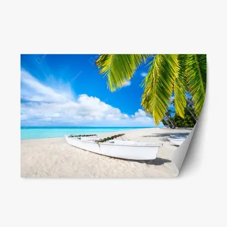 Adesivo riposizionabile paesaggio tropicale con barca sulla spiaggia • Wallissimo®