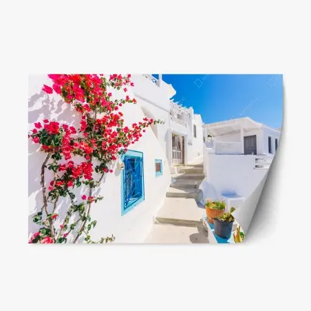 Adesivo riposizionabile angolo fiorito di Santorini • Wallissimo®