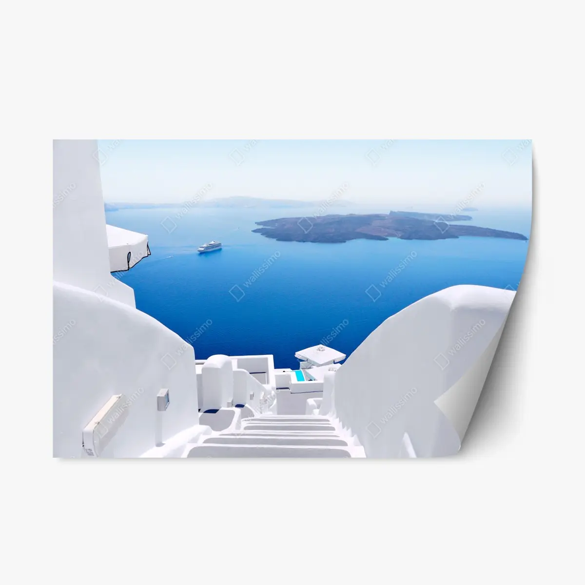 Adesivo riposizionabile scalinata bianca su Santorini con vista sul mare • Wallissimo®